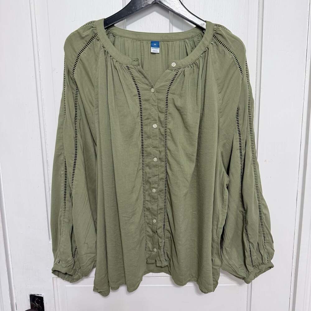 Old Navy Green Long Sleeve Button-Down Blouse with Ladder Lace Trim XL